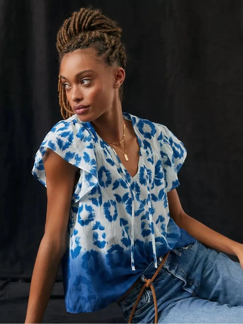 Anthropologie Othilia Womens Blue Tie-Dye V-Neck Flutter Sleeve Blouse Medium